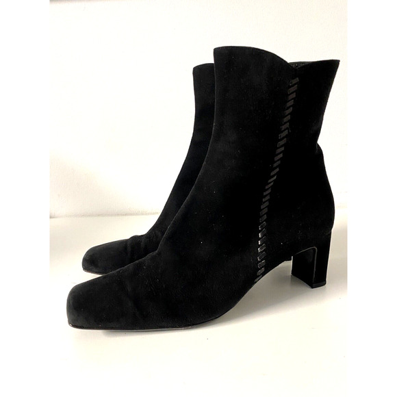 St John Black Bootie Ankle Boot Suede Square Toe Side Zip Block Heel 7 B - Picture 5 of 11